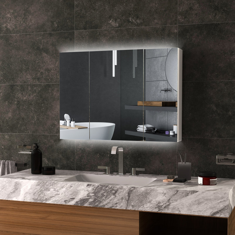 Armoire à pharmacie lumineuse avec miroir, miroir de salle de bain mural 26 po x 36 po avec rangement, armoire murale de salle de bain 3 couleurs avec charge USB, tablette réglable