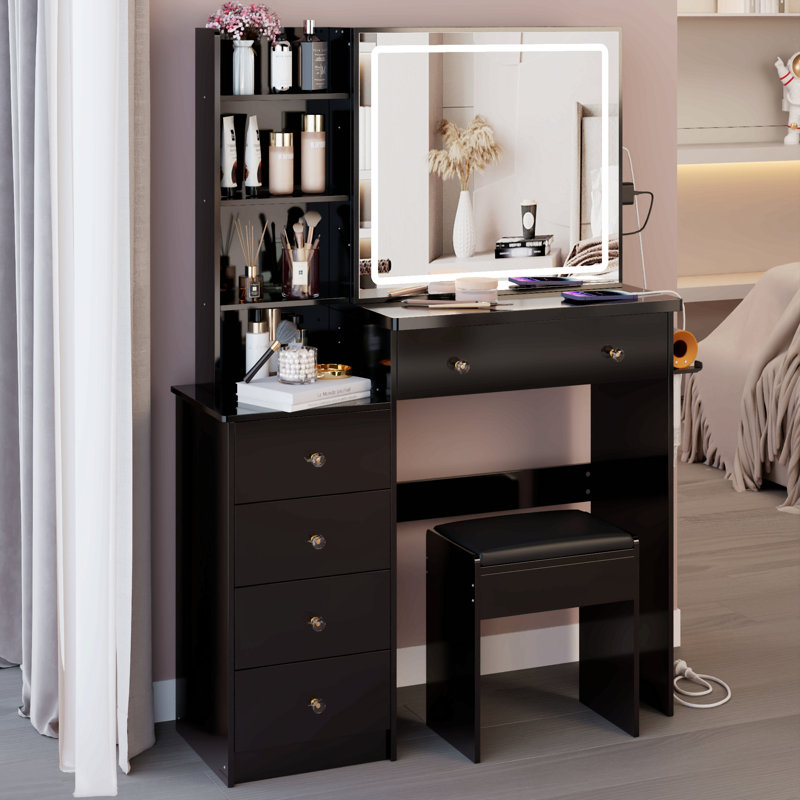 Ensemble de meuble-lavabo de 37 po avec commode de chevet gauche de taille moyenne + commode avec tabouret coussiné, 2 prises CA + 2 USB, support pour sèche-cheveux, grand miroir coulissant à commande tactile, interrupteur 3 couleurs, certificat EPA, GCC, UL