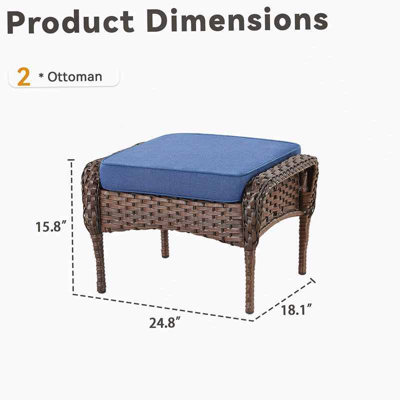 Ensemble de 2 repose-pieds d'extérieur en rotin brun avec coussin bleu pour cour arrière ou terrasse, Bleu, Brun