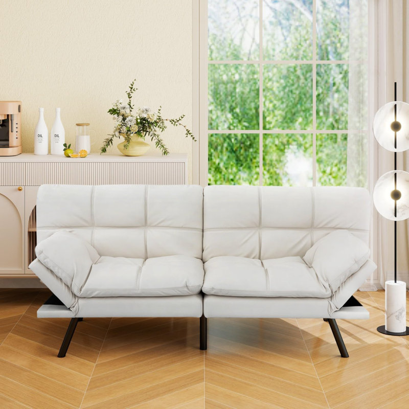 Multifunctional Upholstered Sofa Bed With Adjustable Armrests And Reclining Backs, Faux Leather, White