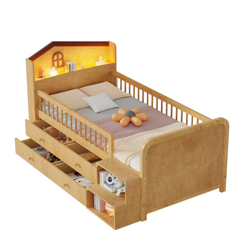 Lit mezzanine simple en pin naturel avec tête de lit à DEL, garde-corps de sécurité et 4 tiroirs de rangement pour enfants