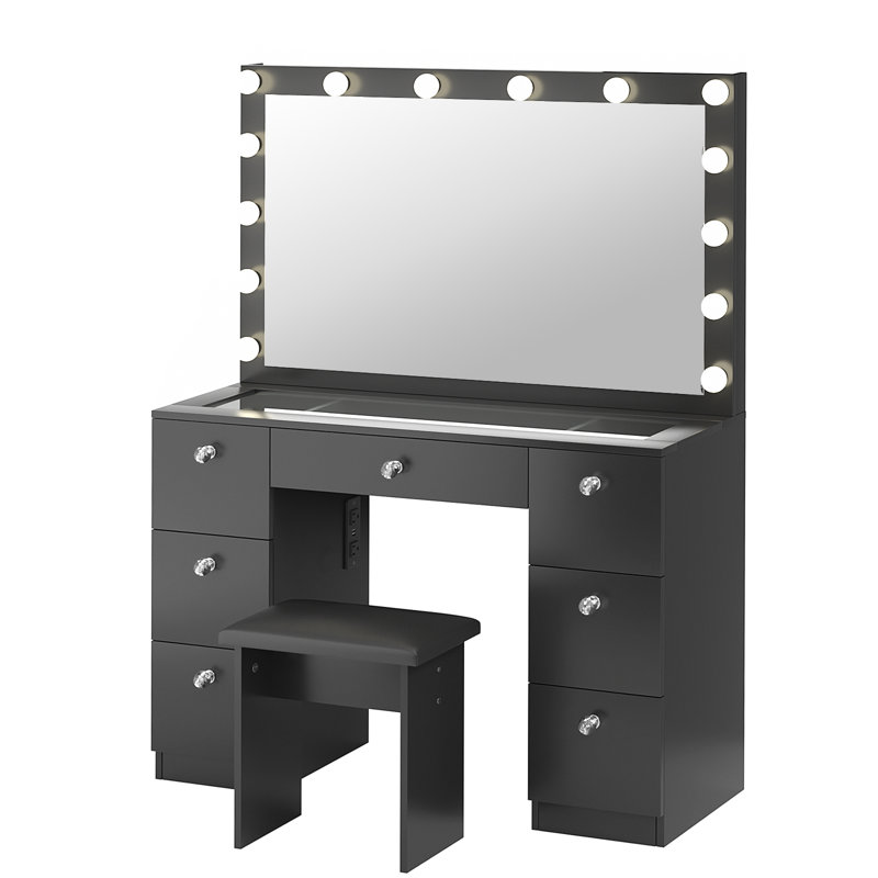 Greyden 7-Drawer Lighted Mirror Vanity Set with Charging Station, Black