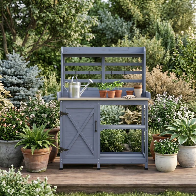 Banc de rempotage en bois avec rangement, poste de travail extérieur facile à nettoyer, Gris