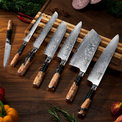Senken Knives Japanese Kitchen Knife Set Forged From 67-layer Damascus Vg10 Steel With Stunning Black Resin Burl Wood Handle - Tsunami Black Collectio