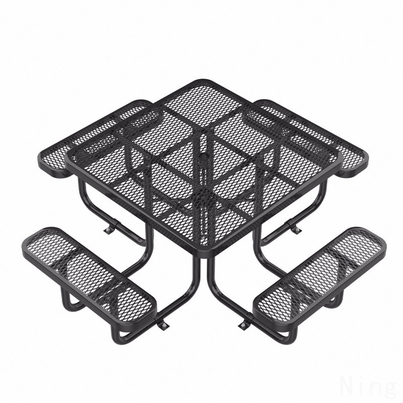 46-Inch Black Square Picnic Table, With Umbrella Hole Outdoor, Black