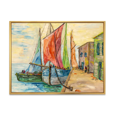 Voiliers bleus et rouges dans le port - reproduction sur toile