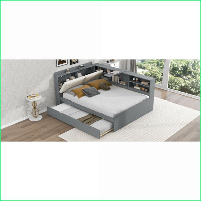 Lit plateforme double en bois de pin avec lit gigogne Tête de lit avec rangement, gris - aucun sommier requis pour les petits espaces