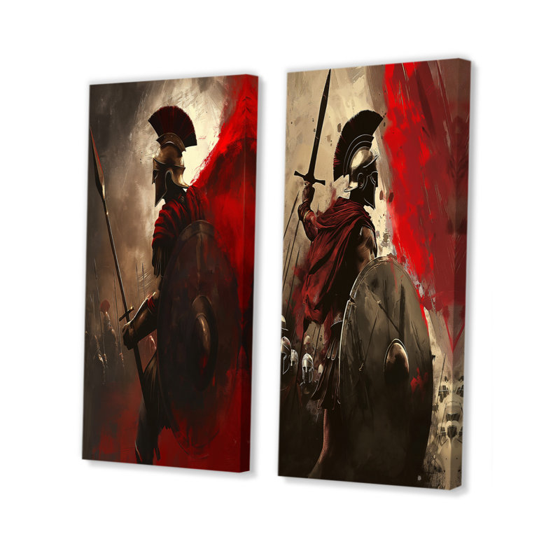 «Red 300 Spartan Warriors In Grèce I», ensemble d'art mural 2 pièces, H 28 po x l 24 po, Toile tendue sur cadre