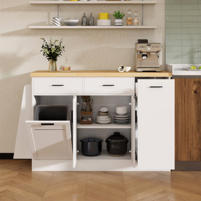 Multi-Functional Storage Sideboard, Trash Can Storage, Sliding Door Cabinet & 3-Tier Spice Rack,Kitchen Island Table For Kitchen, Dining Room