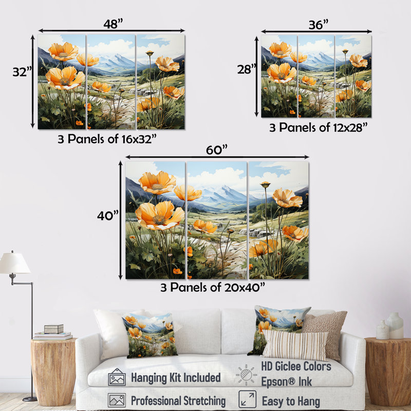 «Buttercups Charm In Mountain Scenery» - ensemble de reproductions d'art mural Buttercups, Toile tendue