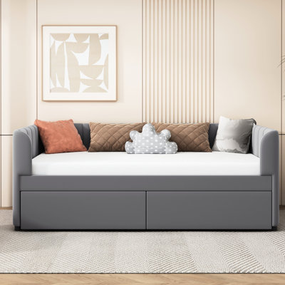Twin Size Daybed With Ergonomic Back Support And 2 Drawers, Gray Elegance Velvet Convenient Storage Drawers