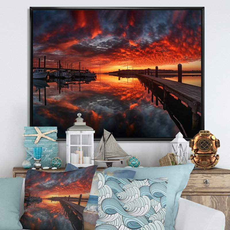 " Sunset Over Port I ", 12" H x 20" W x 1" D, Black Floater Framed