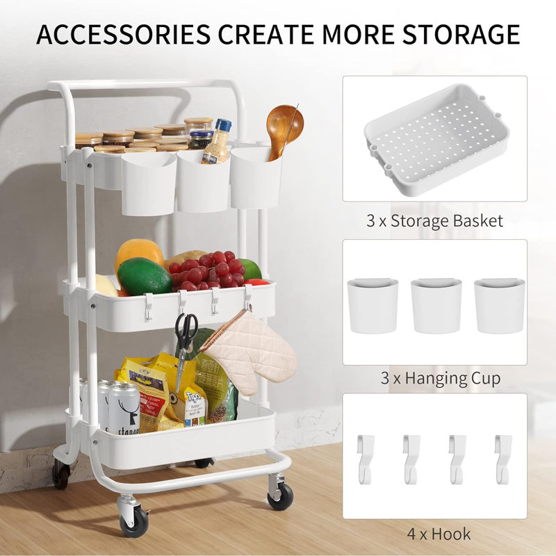 White 3-Tier Metal and ABS Rolling Utility Cart