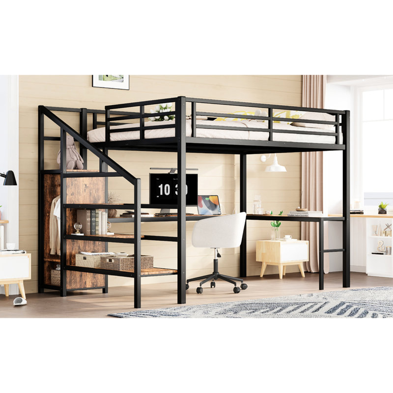Grand lit mezzanine en métal avec bureau en forme de L, DEL, garde-robe, tablette ajustable et escalier
