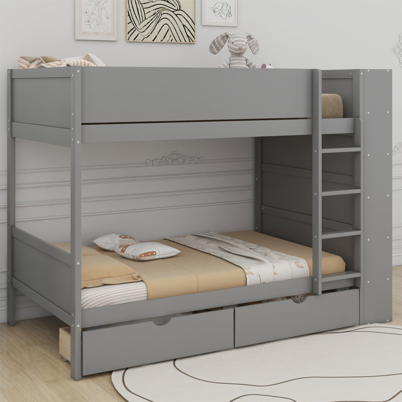 Louis Solid Bunk Bed With 2 Drawers, Gray, Twin Over Twin