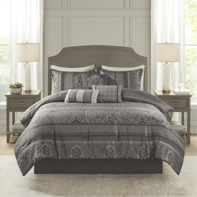 Literie 7 pièces pour grand lit - gris avec édredon de luxe et surpiqûres dorées
