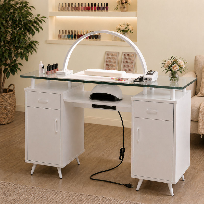 Table de manucure blanche moderne, bureau à clous avec plateau en verre, armoires de rangement, tiroirs et prises de courant pour la maison ou le studio