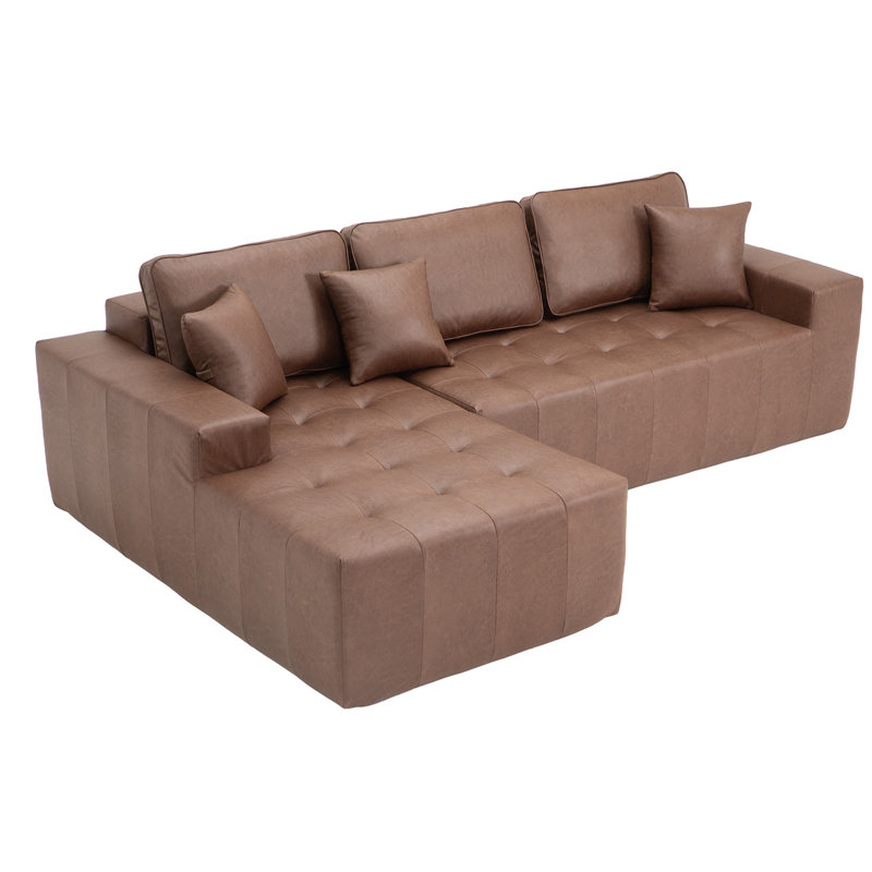 Canapé modulaire en L en similicuir avec méridienne, aucun assemblage requis, Simili cuir brun foncé
