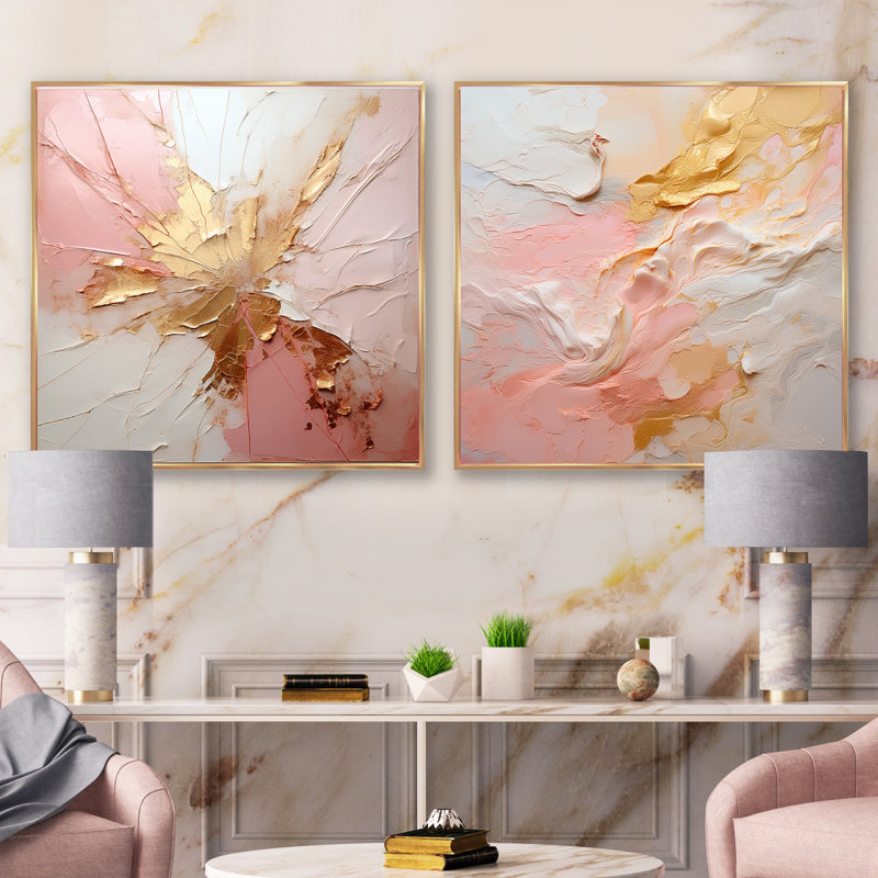 Fusion de peinture dorée et rose - ensemble de 2 collages carrés de peinture abstraite, Cadre flottant doré