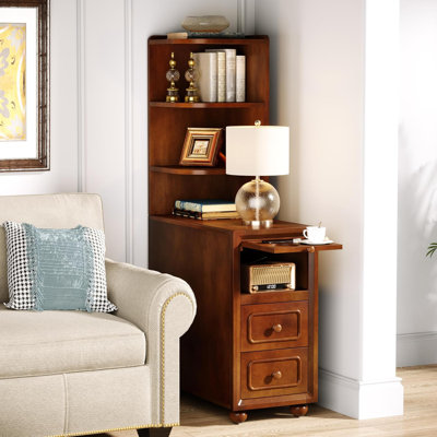 Solid Wood End Table With Drawers And Reversible Corner Shelves, Tall Narrow Side Table With Storage, High Slim Chairside Table