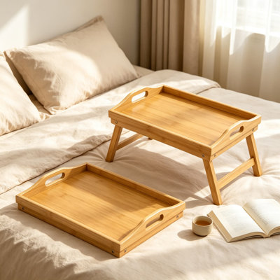 Bamboo Bed Tray Table with Foldable Legs, Wooden Lap Desk for Adults, Breakfast Serving Tray with Handles, Portable Laptop Table for Eating, Reading, Working, and TV Tray