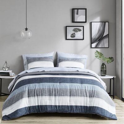 Édredon à rayures et drap pour la vie moderne - Literie complète confortable avec motif gris bleu marine