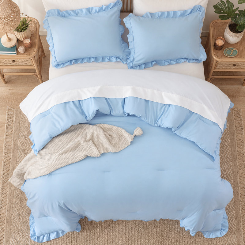 Ruffle Comforter Set 3 Pieces-Bedding for All Seasons Fluffy Vintage Farmhouse Comforter With Two Pillowcases, Light Blue