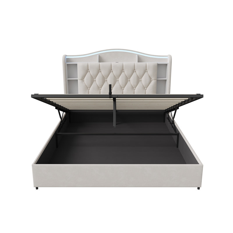 Solid Wood Ottoman Storage Bed, Beige, Kingsize (5')