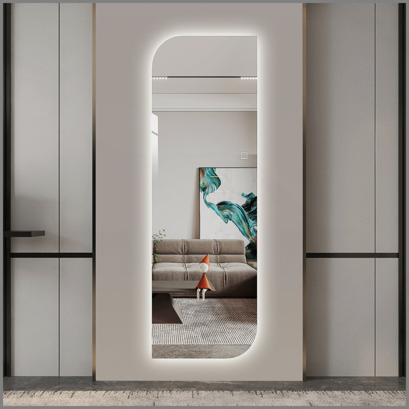 Miroir mural pleine longueur 65 po x 21 po à DEL, de forme irrégulière, 3 lumières à intensité variable, verre argenté sans cuivre de 5 mm, câblé ou à brancher, pour vestibule, chambre à coucher et salon