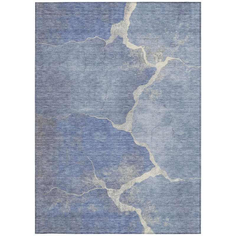 Tapis intérieur/extérieur lavable, motif abstrait bleu denim et beige, 90 x 150 cm