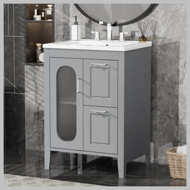 Meuble-lavabo 24 po avec lavabo, meuble-lavabo avec deux tiroirs et porte, tablette réglable, bois massif et panneau de fibres à densité moyenne, gris