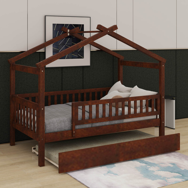 Lit simple en bois avec lit gigogne, Noyer, Lit simple