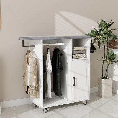 Ironing Cart With Rolling Ironing Board, Multipurpose Ironing Cabinet With Wheels, Compact Ironing Solution For Laundry Room, Bedroom,Cloakroom-White, Sideboard