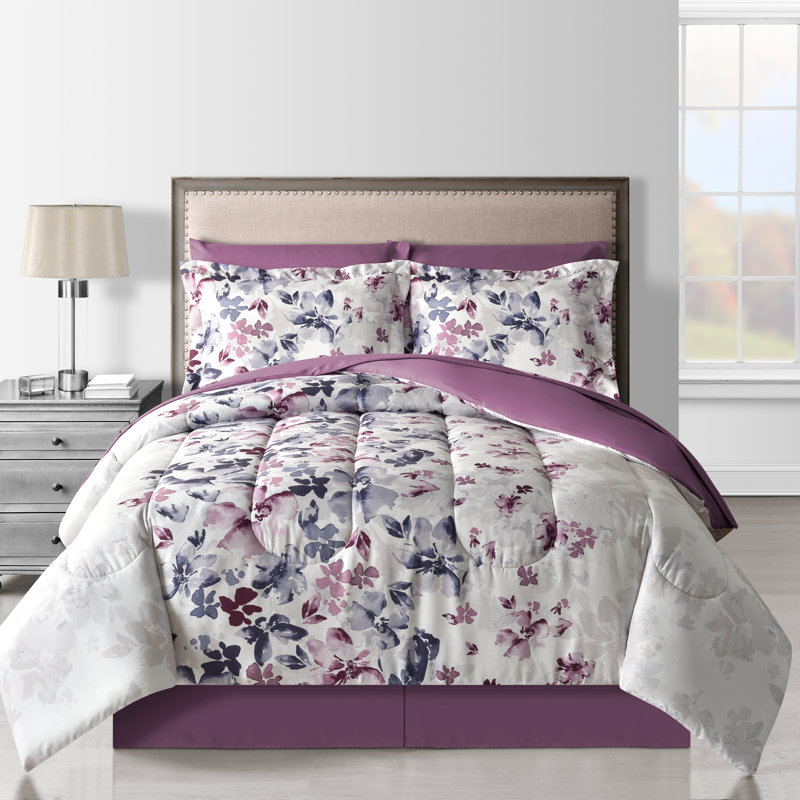 Purple Floral Reversible Full Microfiber Comforter Set