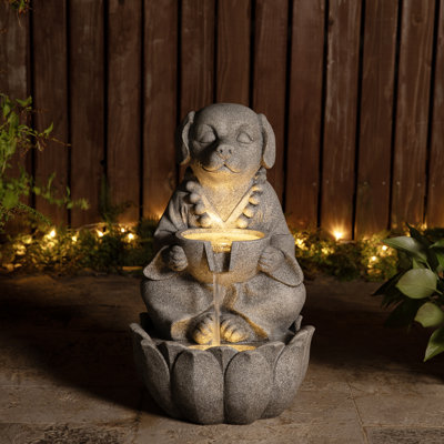 21.75"H 2-Tiered Zen-Style Concrete Dog Polyresin Outdoor Fountain With Pump And LED Light (KD)