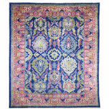 Hand Knotted Wool Area Rug in Blue And Pink