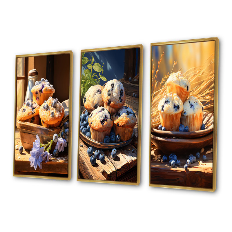 «Blue Fresh Muffin Morning - Baked Goods», ensemble de 4 reproductions d'art mural, Cadre flottant doré, H 28 po x l 36 po