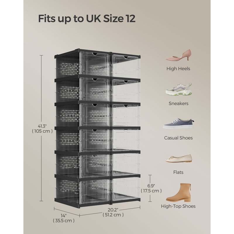 12 Pair Stackable Shoe Storage Box, Black
