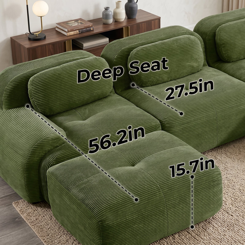 Canapé modulaire 3 places en velours côtelé vert avec 2 poufs et accoudoirs incurvés doux, 3 Seat+2 Ottoman