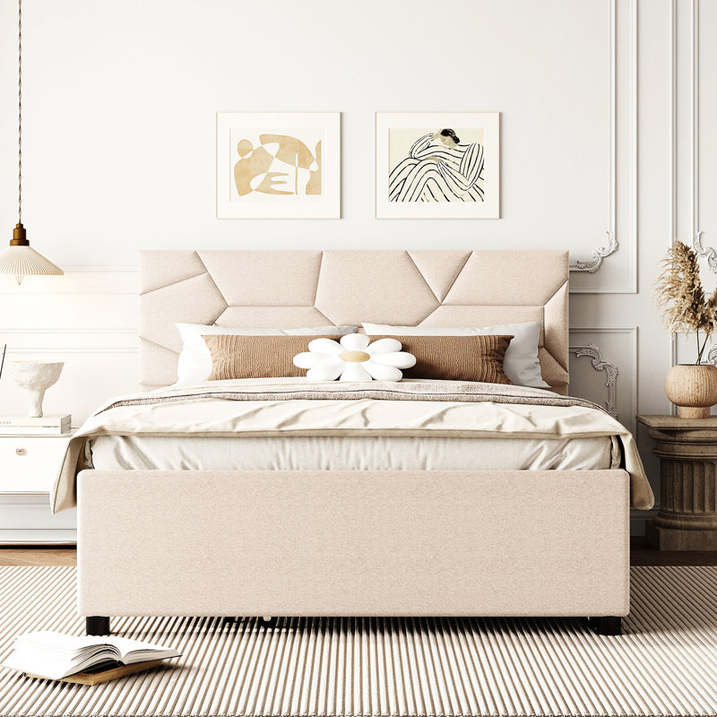 Lit tapissier avec tête de lit en brique et lit gigogne simple, lin beige pour lit gigogne escamotable confortable