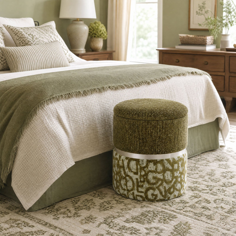 Pouf de rangement rond de 38 cm avec bande métallique, vert olive, Patterned Green