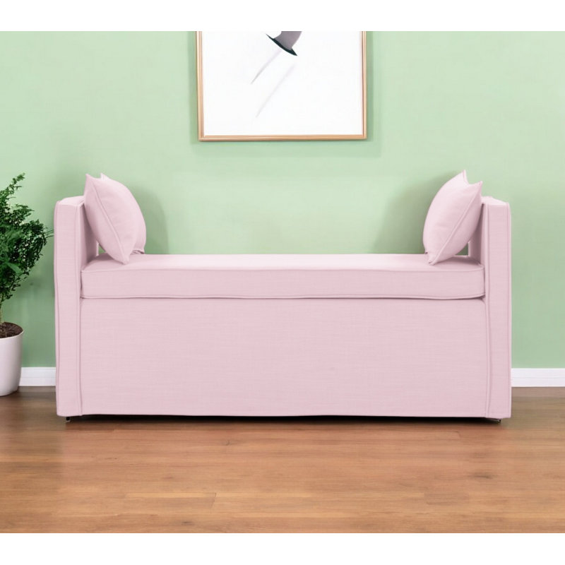 Ramvir 53" Paisley Linen Upholstered Bench, Rose clair et noir