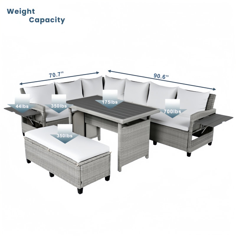 Ensemble de canapé modulaire en rotin de polyéthylène 5 pièces avec 2 tables d'appoint pliables, ensemble de mobilier de jardin en osier en forme de L avec table de salle à manger et banc, coussins