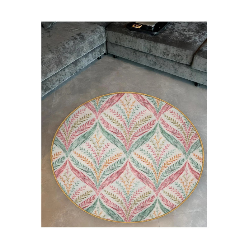 Light Tone Colored Floral Patterned Round Woven Base Modern Decorative Carpet, Round 5'