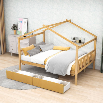 Lit double en bois avec tiroirs et toit