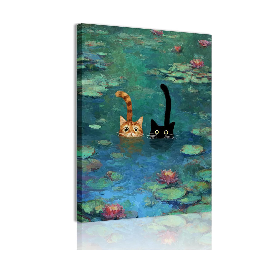 Funny Cat Canvas Wall Art Impressionist Water Lily Painting Picture Wall Decor Modern Cute Animal Lover Poster Print Artwork For Bedroom Living Room B