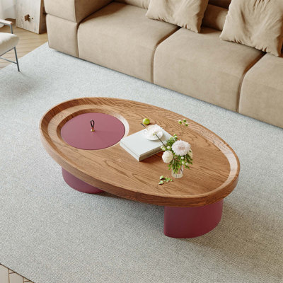 Oval Wood Coffee Table with Hidden Storage