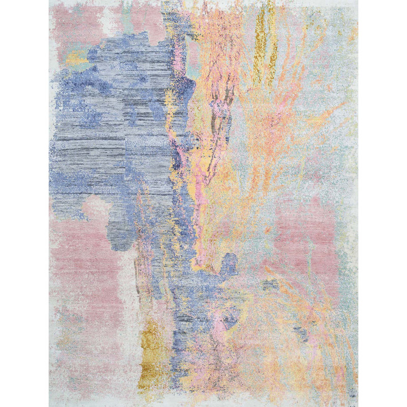 Tapis bleu / chameau de haute qualité noué à la main, Rectangle 5 pi x 8 pi