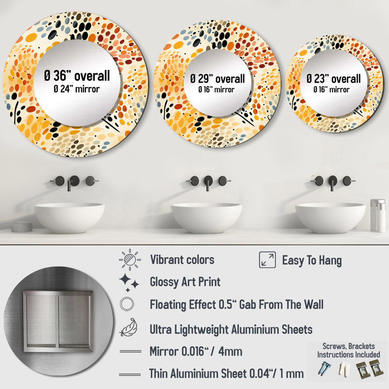 Savita Watercolor Pattern Dot - Polka dots  Wall Mirror, Modern Round Decorative Mirror, Printed Metal Art, 29" x 29"