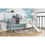 Lit mezzanine double en bois avec glissoire, escalier et tableau noir